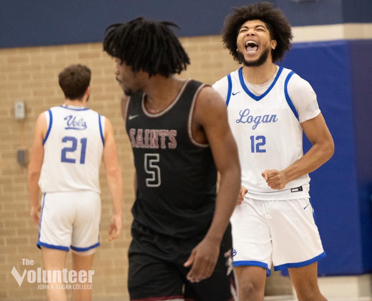 JALC freshman Jayden Miles screams in excitement after drawing a foul against Shawnee Community College after a missed call earlier in the game on Wednesday, Jan. 29.