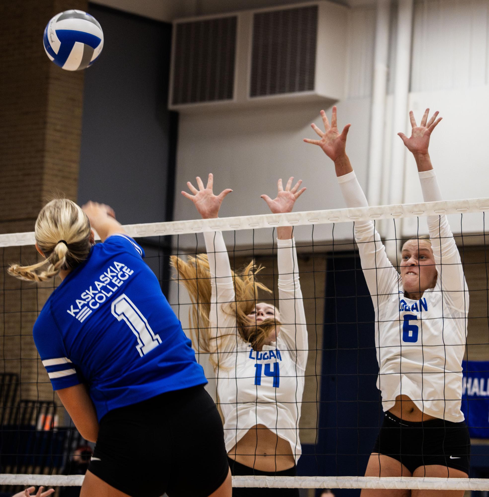 John A. Logan’s Kierstin Miller and Gabbi Burkard go up for a block against Kaskaskia College on Thursday, Sept. 4, 2025, in Carterville.
