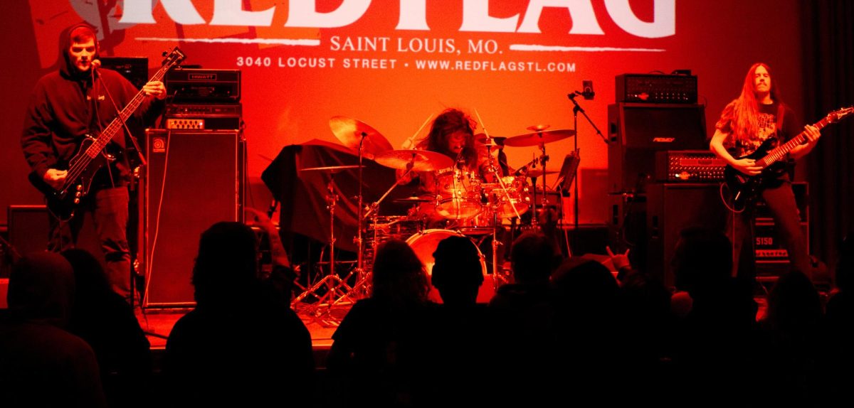 Vocalist and bassist Martin Ruppert (left), drummer Max Sandza (center), and guitarist Tyler Wait (right) of Sawed Off perform on stage at Red Flag in St. Louis, MO, Nov. 01, 2025.
