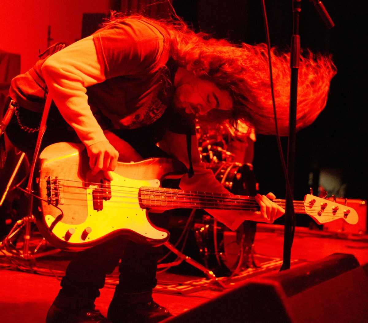 Bastardane bassist Luca Badan performs while head-banging at Red Flag, St. Louis, MO, Nov. 01, 2025.
