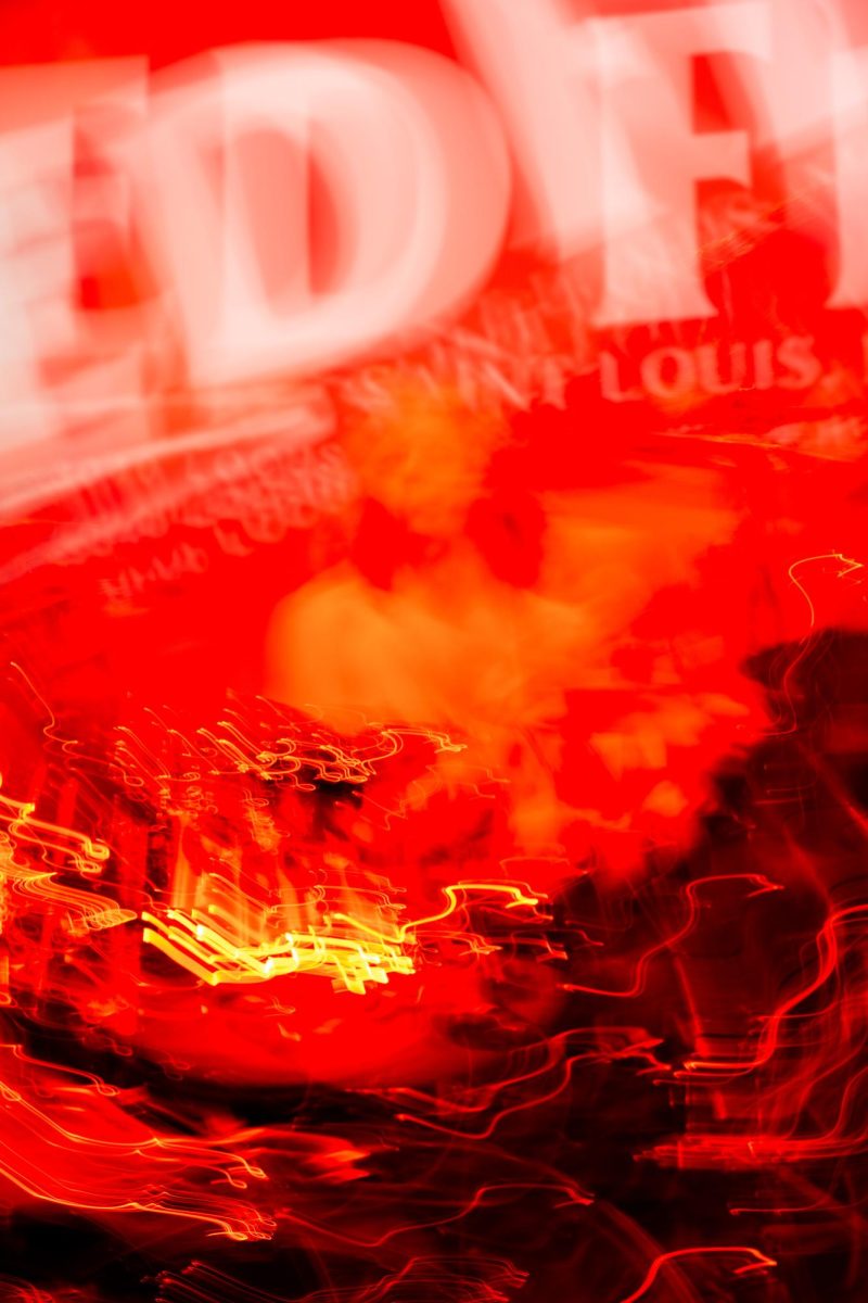 An abstract photo shows Bastardane drummer Castor Hetfield playing on stage at Red Flag Concert Hall in St. Louis, Mo., on Nov. 1, 2025.