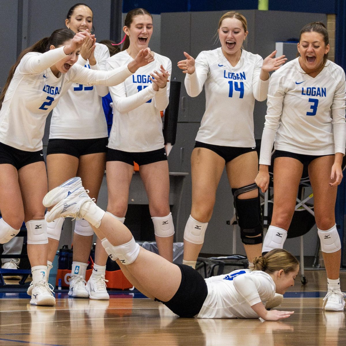 Alli Russo does the worm to celebrate a point during a match against Southwestern Illinois College Oct. 20, 2025, in Carterville. The Lady Vols swept SWIC to stay perfect in conference play.