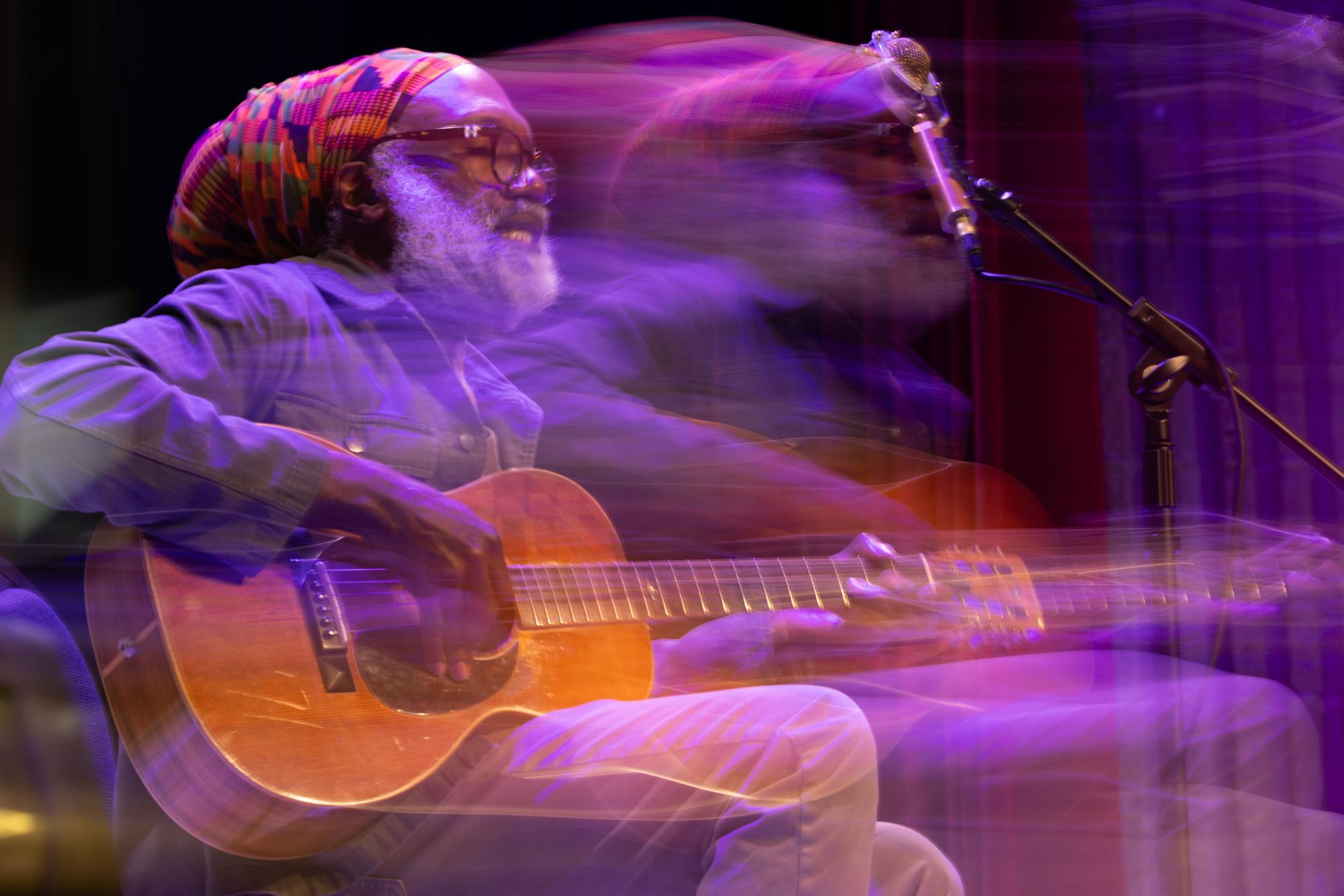 Corey Harris performs in O’Neil Auditorium during Blues the World Forgot Feb. 23 at John A. Logan College as part of the college’s Black History Month and Social Science Speaker Series. Harris discussed blues history, race records and artist exploitation before performing four songs