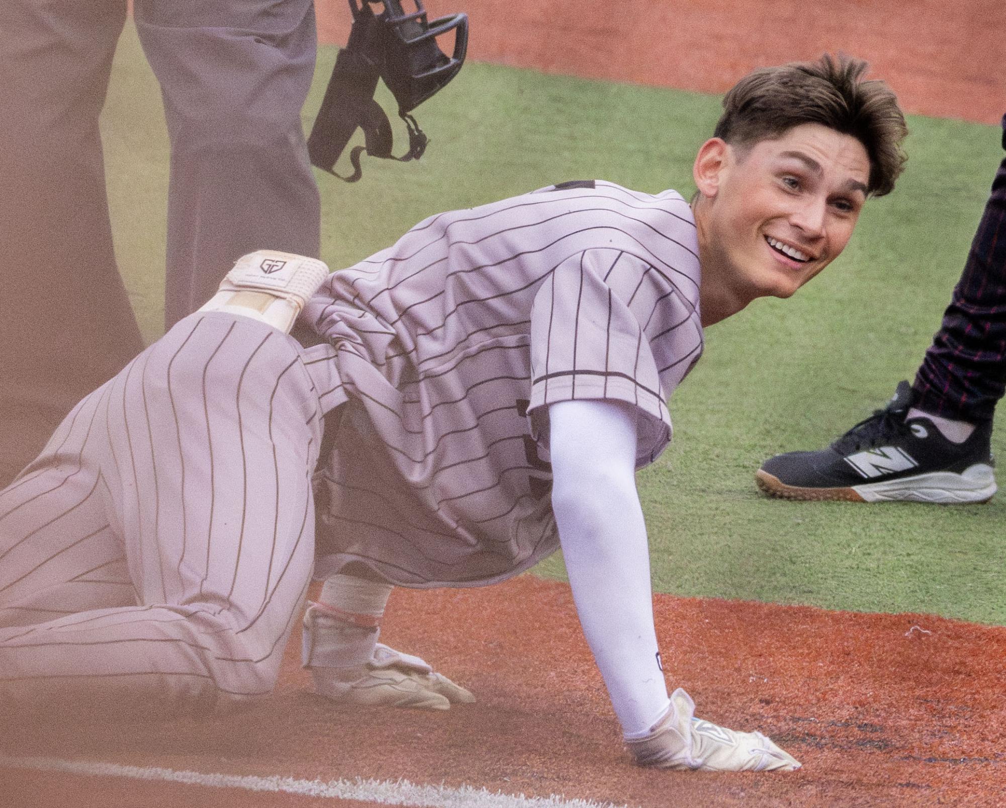 John A. Logan College’s Justin Lang slides into home after a home run against Shawnee Community College April 11 at Mtn Dew Park in Marion. The sweep moved the Vols to 35-8 overall and stretched their winning streak to 12. 