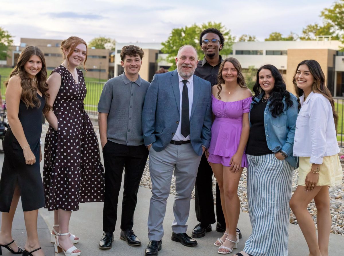 From left Cali Dugger, Emma Sprague, Trey Whipps, Assistant Professor of Media Arts Devin Miller, Jaden Patterson, Mallory Strubhart, Ashton Fox and Ruby Media